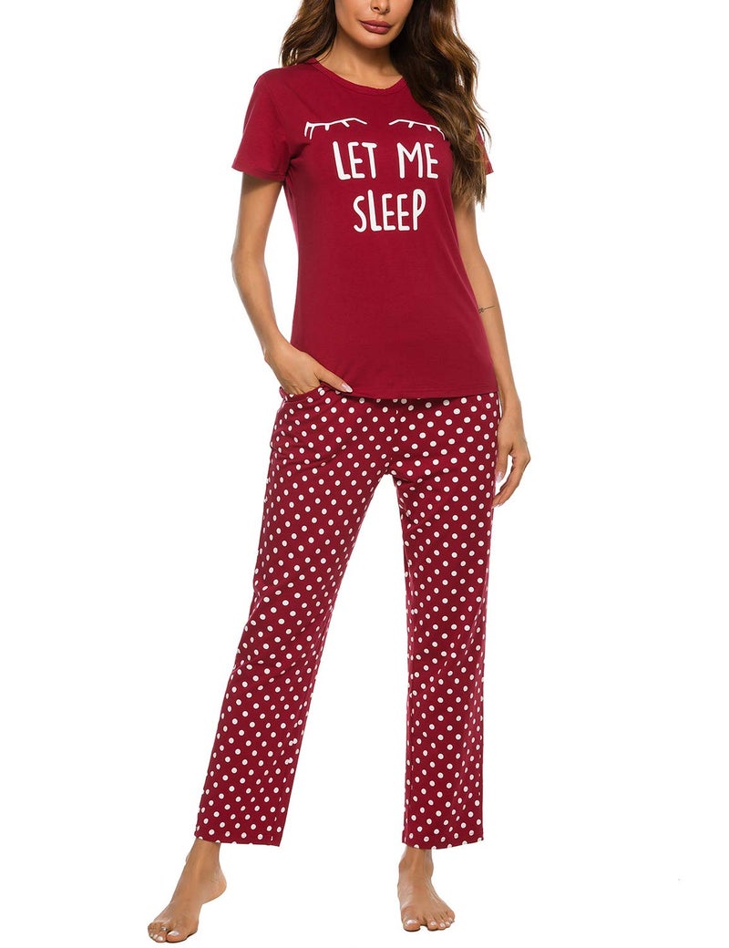 EISHOPEER Women's Cute Printed Short Sleeve Top & Long Pants Sleepwear Pajama Set Wine Red S - Image 4
